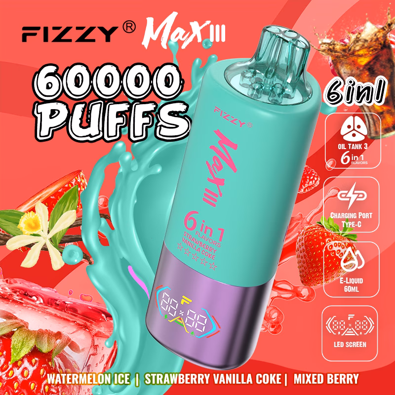 Fizzy Max III 60000 Puffs 6-in-1 Flavors Disposable Vape LED Display Wholesale 2% Nicotine